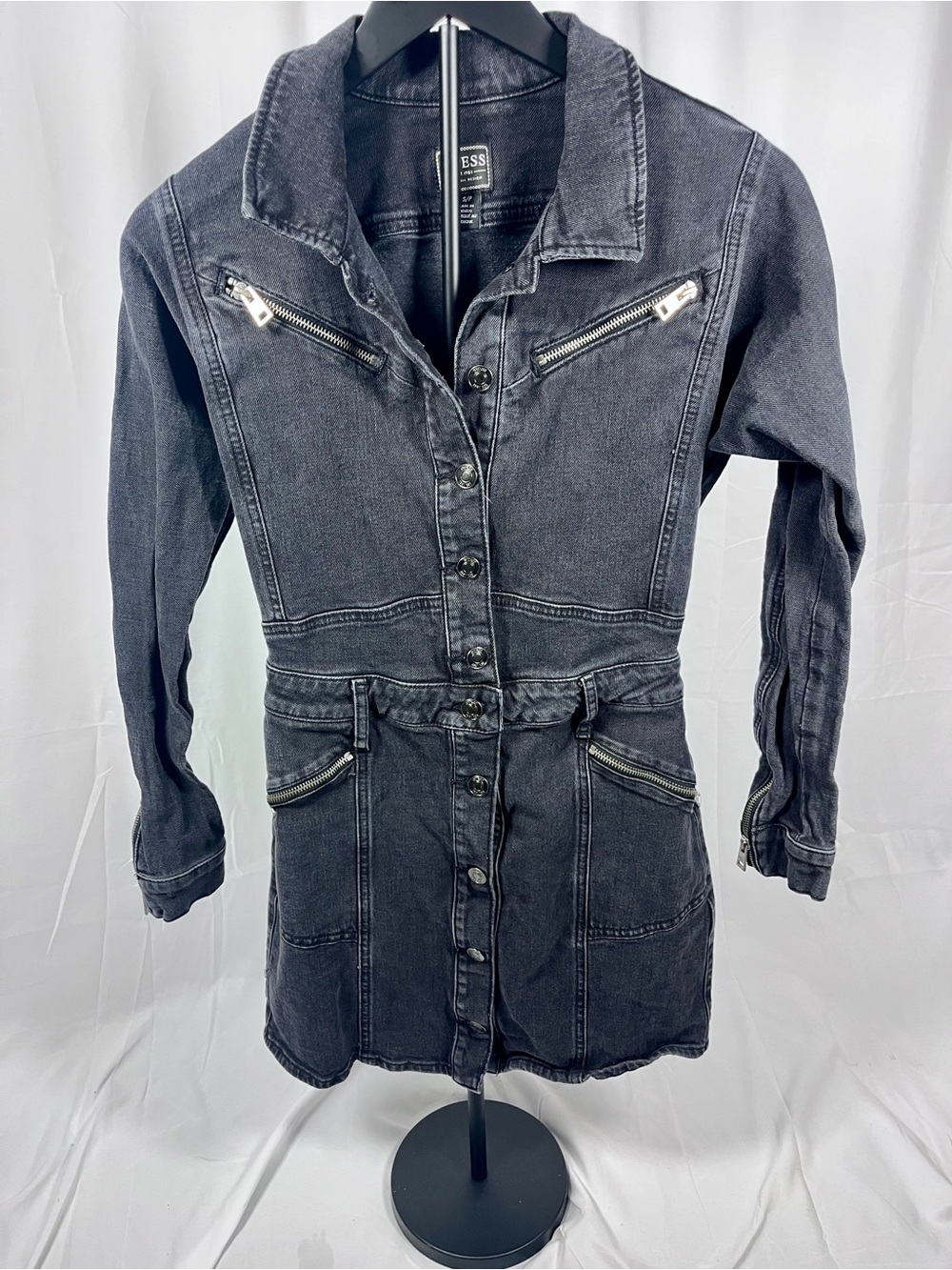 GUESS Black Denim Mini S/P Moto Zip Button Front Long Sleeve Stretch Jean Dress